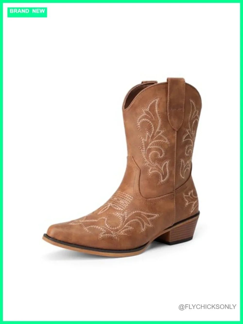 Women's Western Ankle Boots Square Toe Chunky Heels Faux Leather Slip-On